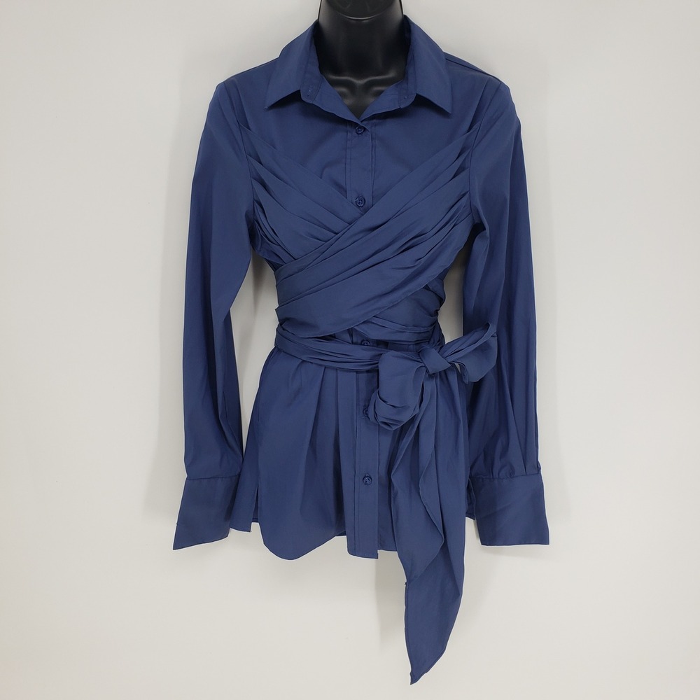 Express Wrap Tie Waist Blouse Womens Sz Small Blue Long Sleeve Button Up Shirt